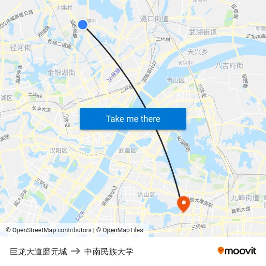 巨龙大道磨元城 to 中南民族大学 map