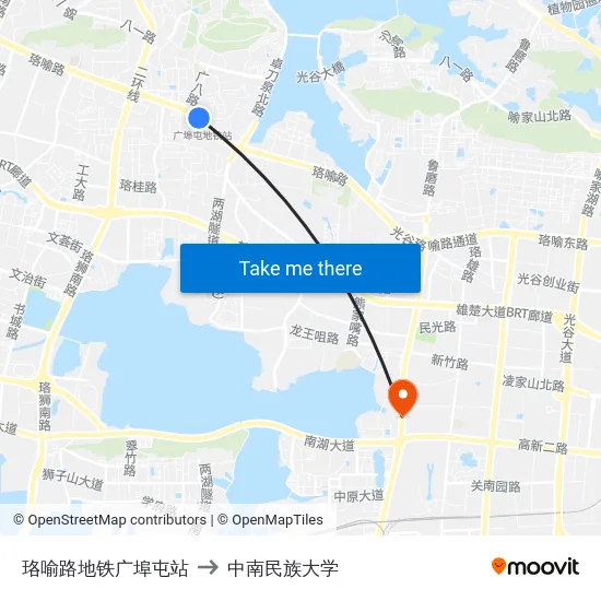 珞喻路地铁广埠屯站 to 中南民族大学 map