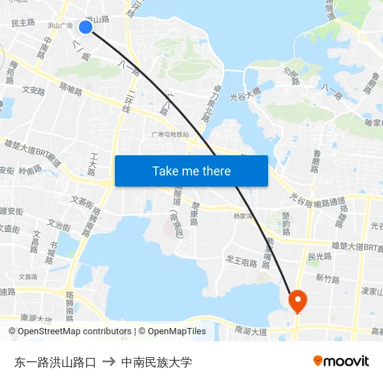 东一路洪山路口 to 中南民族大学 map