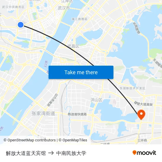 解放大道蓝天宾馆 to 中南民族大学 map