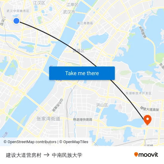 建设大道营房村 to 中南民族大学 map