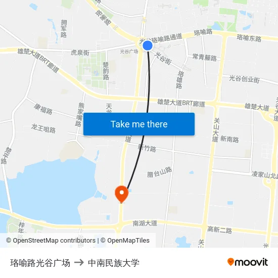 珞喻路光谷广场 to 中南民族大学 map