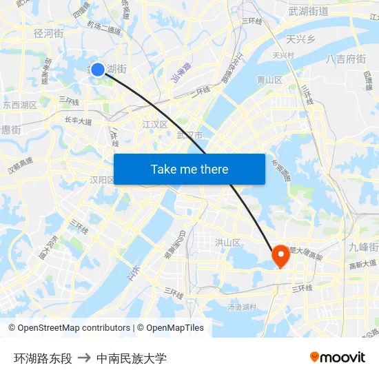 环湖路东段 to 中南民族大学 map