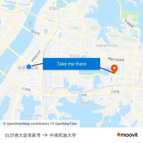 白沙洲大道张家湾 to 中南民族大学 map