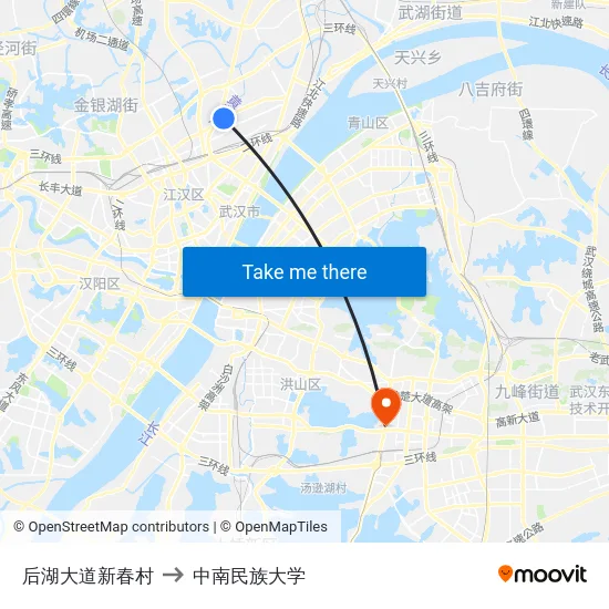 后湖大道新春村 to 中南民族大学 map