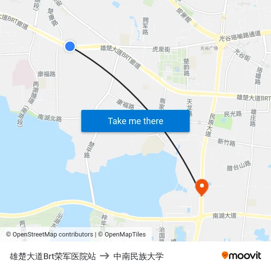 雄楚大道Brt荣军医院站 to 中南民族大学 map
