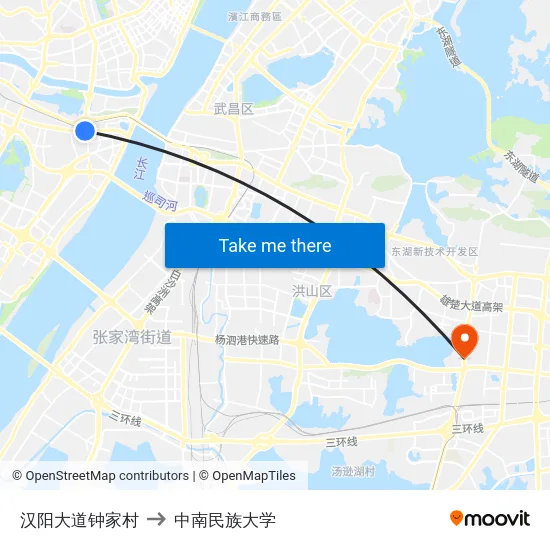 汉阳大道钟家村 to 中南民族大学 map