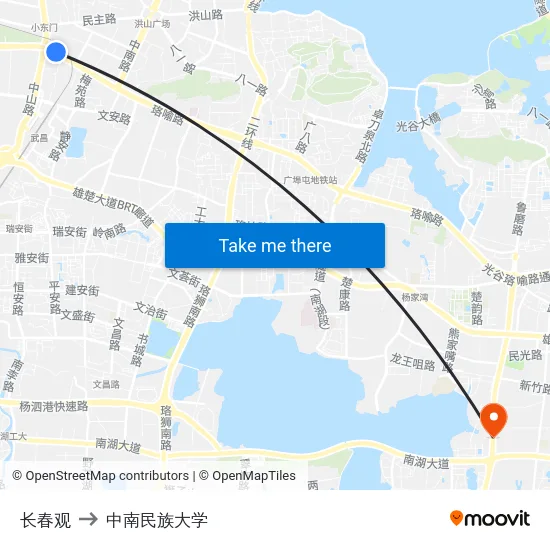 长春观 to 中南民族大学 map