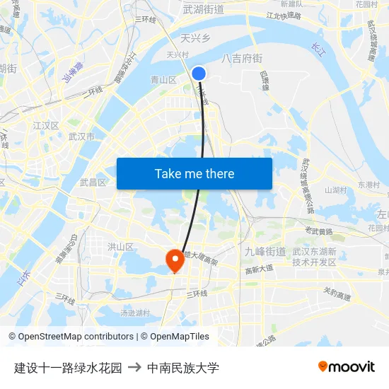 建设十一路绿水花园 to 中南民族大学 map