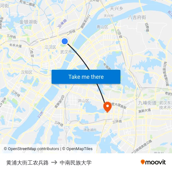 黄浦大街工农兵路 to 中南民族大学 map