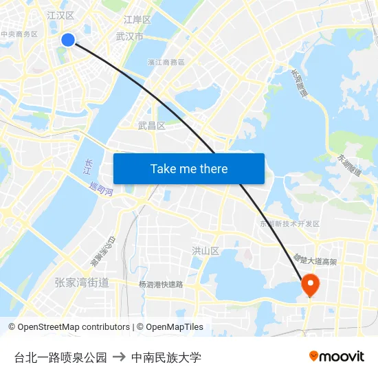 台北一路喷泉公园 to 中南民族大学 map