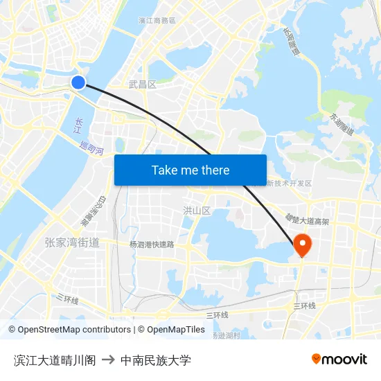滨江大道晴川阁 to 中南民族大学 map