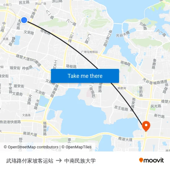 武珞路付家坡客运站 to 中南民族大学 map