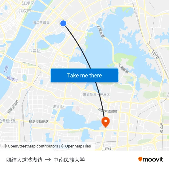 团结大道沙湖边 to 中南民族大学 map