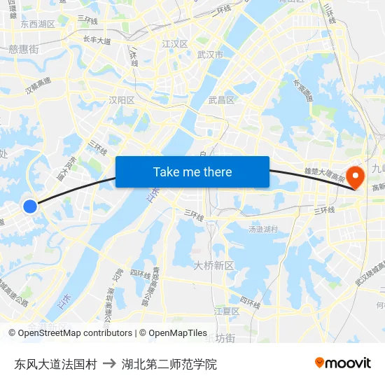 东风大道法国村 to 湖北第二师范学院 map