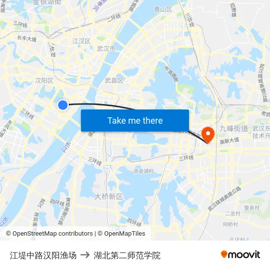 江堤中路汉阳渔场 to 湖北第二师范学院 map