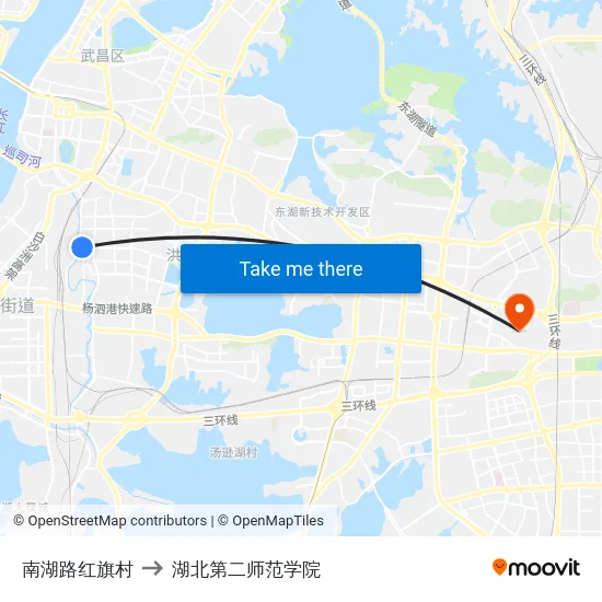 南湖路红旗村 to 湖北第二师范学院 map