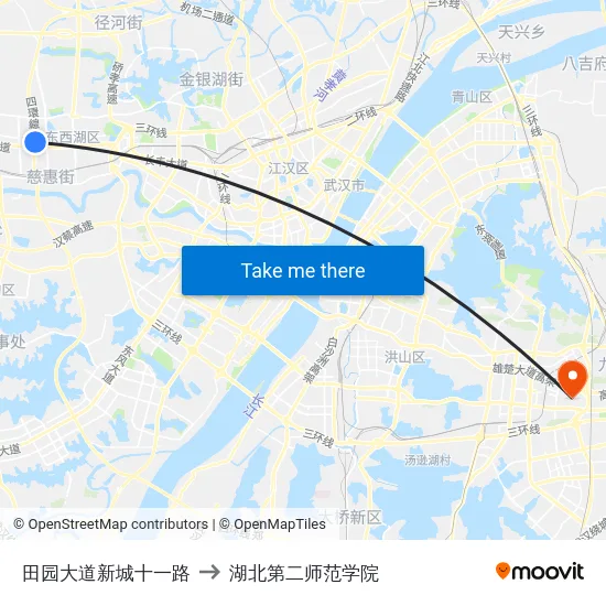 田园大道新城十一路 to 湖北第二师范学院 map