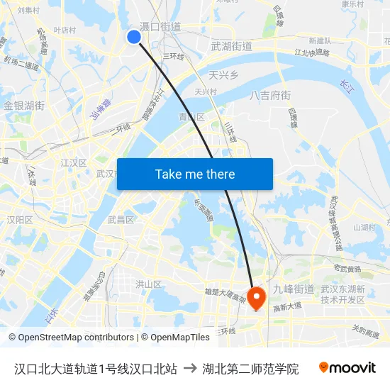 汉口北大道轨道1号线汉口北站 to 湖北第二师范学院 map