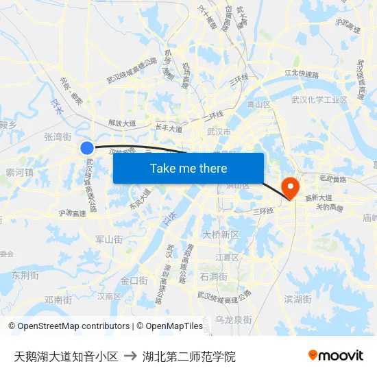天鹅湖大道知音小区 to 湖北第二师范学院 map