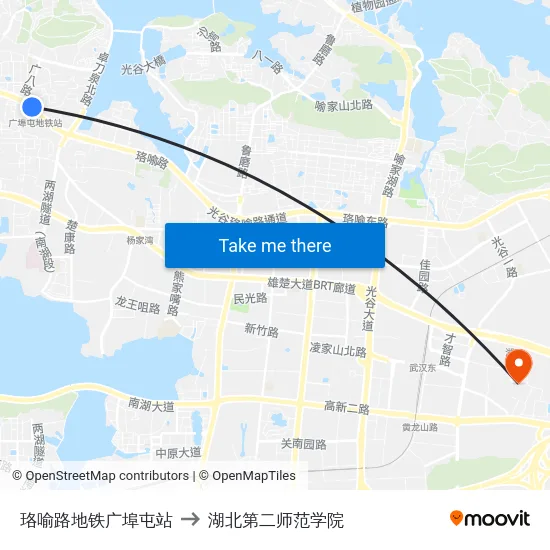 珞喻路地铁广埠屯站 to 湖北第二师范学院 map