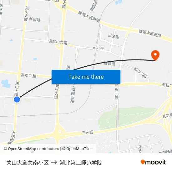 关山大道关南小区 to 湖北第二师范学院 map