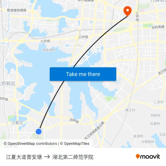 江夏大道普安塘 to 湖北第二师范学院 map