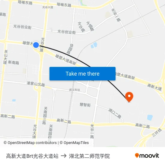 高新大道Brt光谷大道站 to 湖北第二师范学院 map