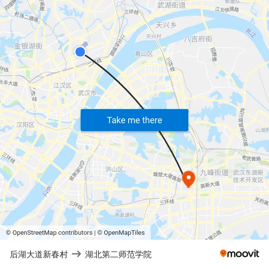后湖大道新春村 to 湖北第二师范学院 map
