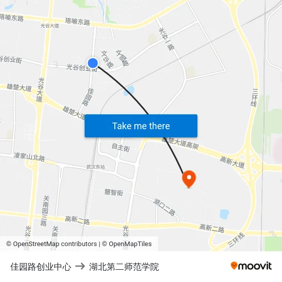 佳园路创业中心 to 湖北第二师范学院 map