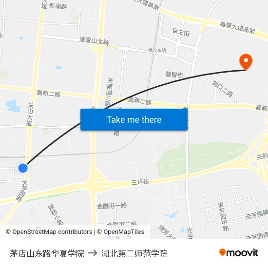 茅店山东路华夏学院 to 湖北第二师范学院 map