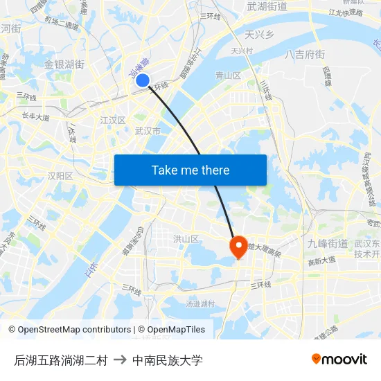 后湖五路淌湖二村 to 中南民族大学 map