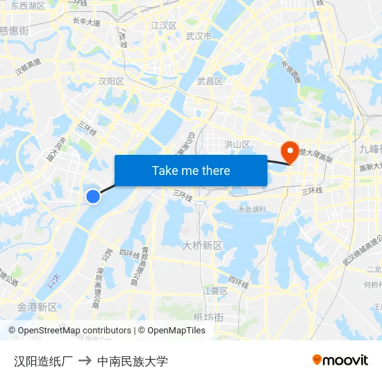 汉阳造纸厂 to 中南民族大学 map