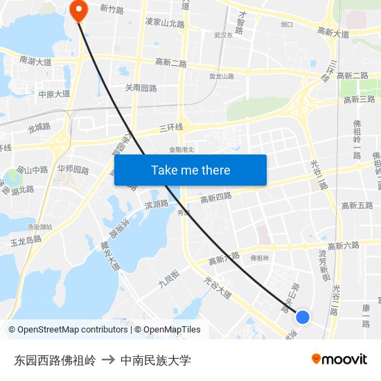 东园西路佛祖岭 to 中南民族大学 map