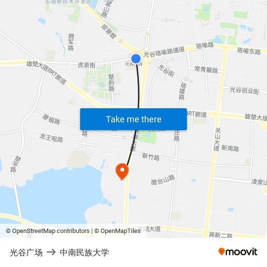 光谷广场 to 中南民族大学 map