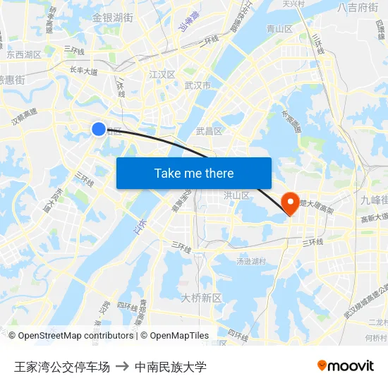 王家湾公交停车场 to 中南民族大学 map