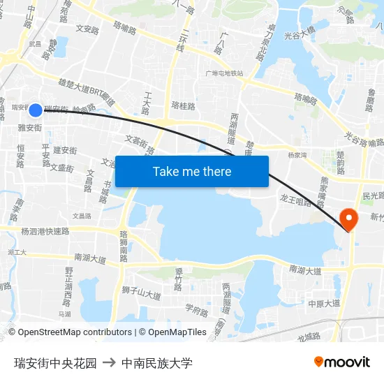 瑞安街中央花园 to 中南民族大学 map