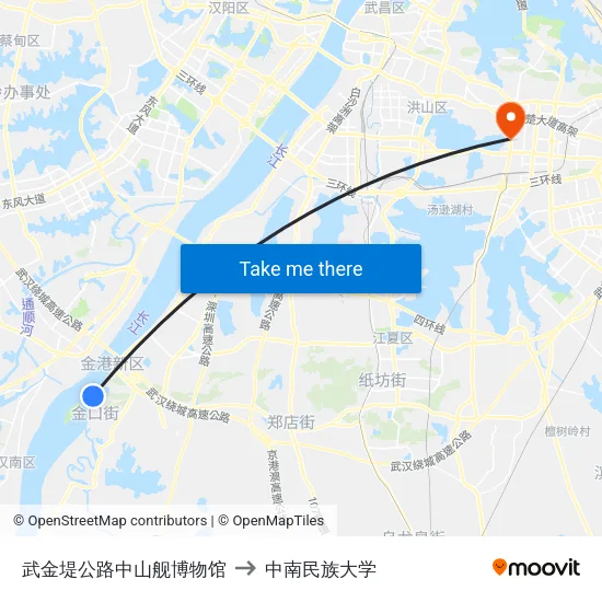 武金堤公路中山舰博物馆 to 中南民族大学 map