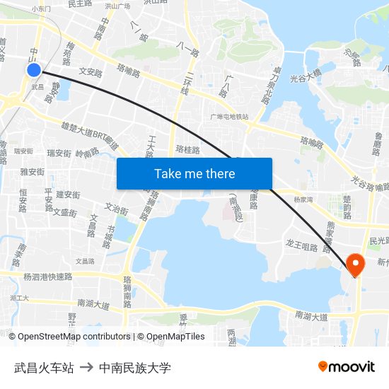 武昌火车站 to 中南民族大学 map