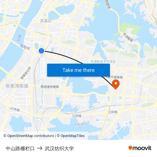 中山路栅栏口 to 武汉纺织大学 map