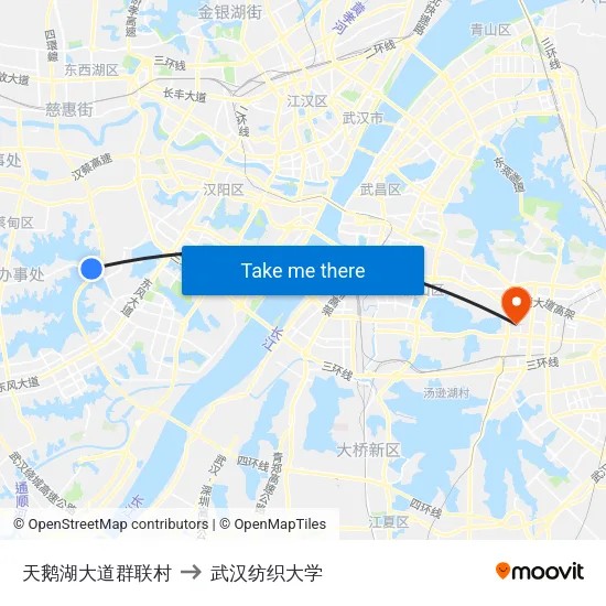 天鹅湖大道群联村 to 武汉纺织大学 map