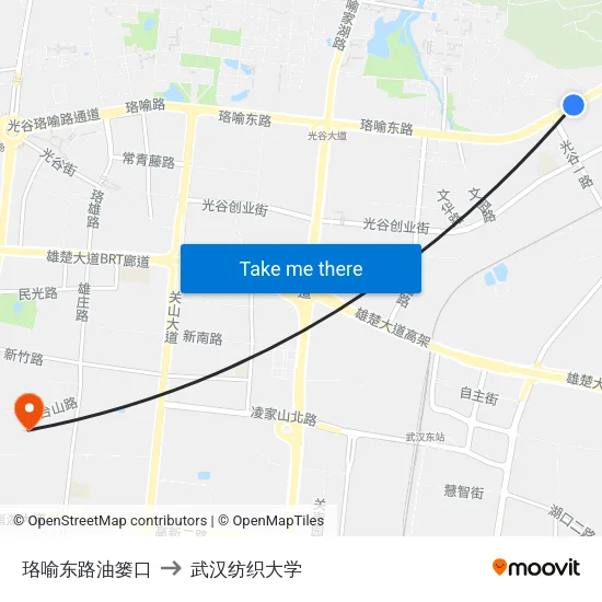 珞喻东路油篓口 to 武汉纺织大学 map