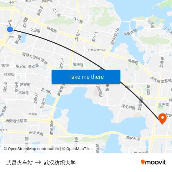 武昌火车站 to 武汉纺织大学 map
