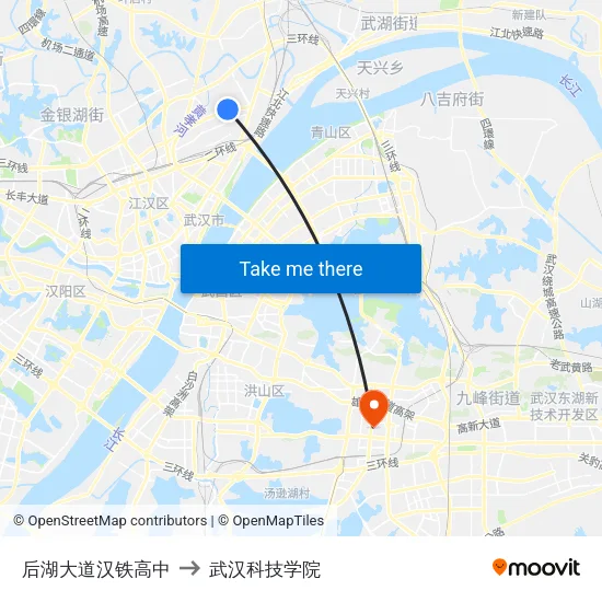 后湖大道汉铁高中 to 武汉科技学院 map