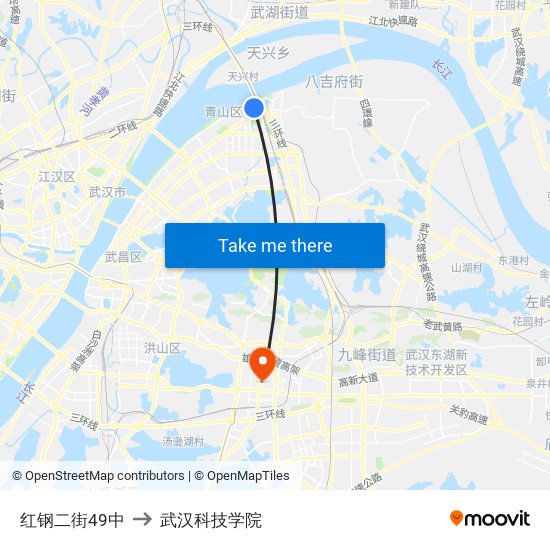 红钢二街49中 to 武汉科技学院 map