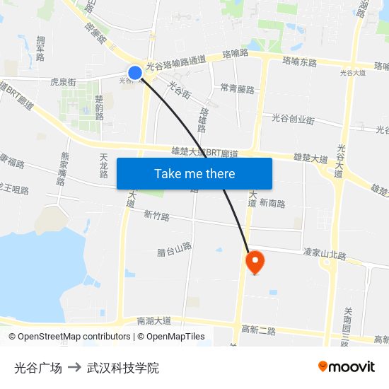 光谷广场 to 武汉科技学院 map