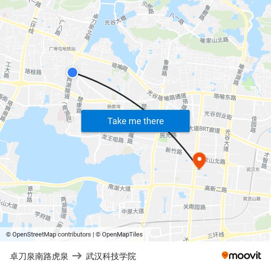 卓刀泉南路虎泉 to 武汉科技学院 map