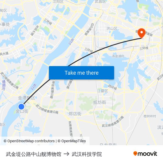 武金堤公路中山舰博物馆 to 武汉科技学院 map