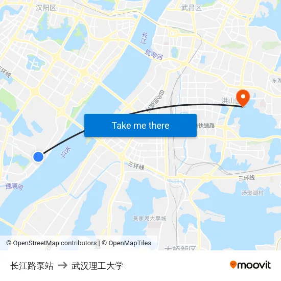 长江路泵站 to 武汉理工大学 map