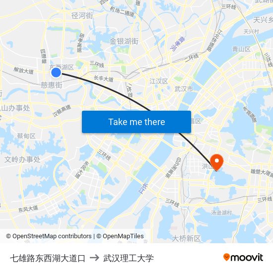 七雄路东西湖大道口 to 武汉理工大学 map